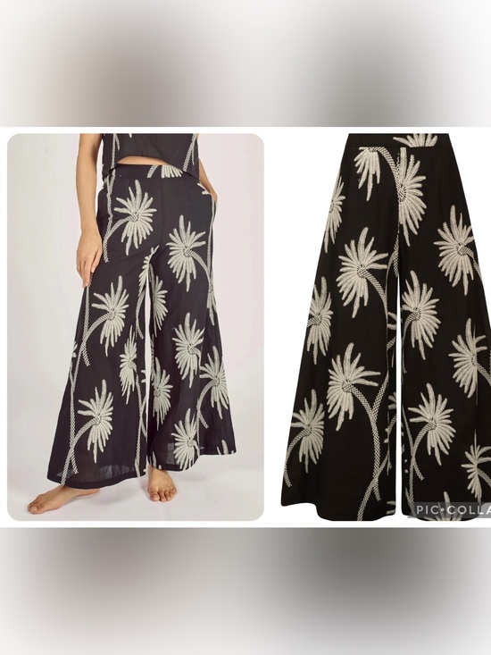 Traffic People Pants - Traffic People Black Wide-Leg Palm Print Pants